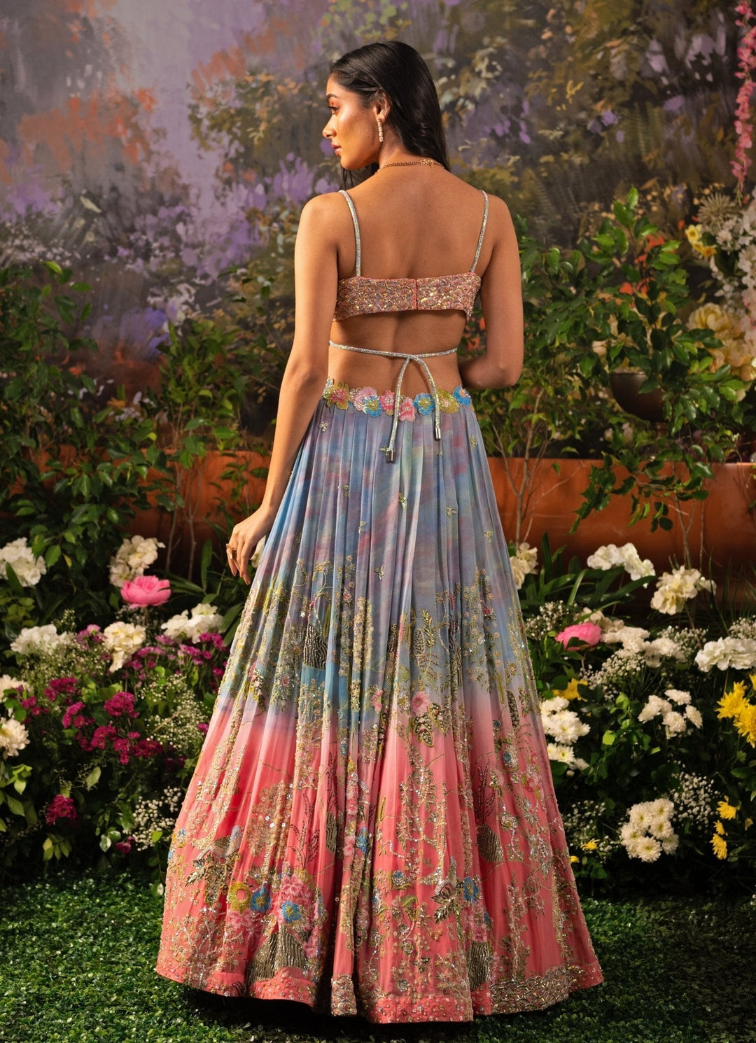 Ice Blue And Pink Ombre Embroidered Georgette Lehenga Set Moledro - Fabilicious Fashion