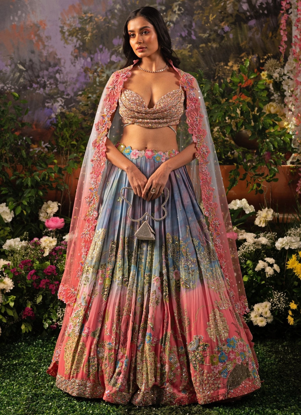 Ice Blue And Pink Ombre Embroidered Georgette Lehenga Set Moledro - Fabilicious Fashion