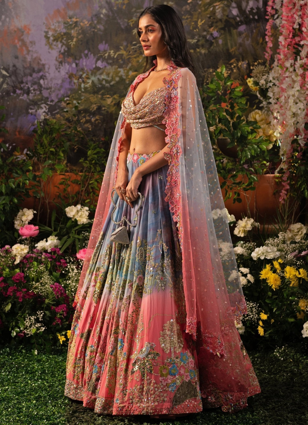 Ice Blue And Pink Ombre Embroidered Georgette Lehenga Set Moledro - Fabilicious Fashion