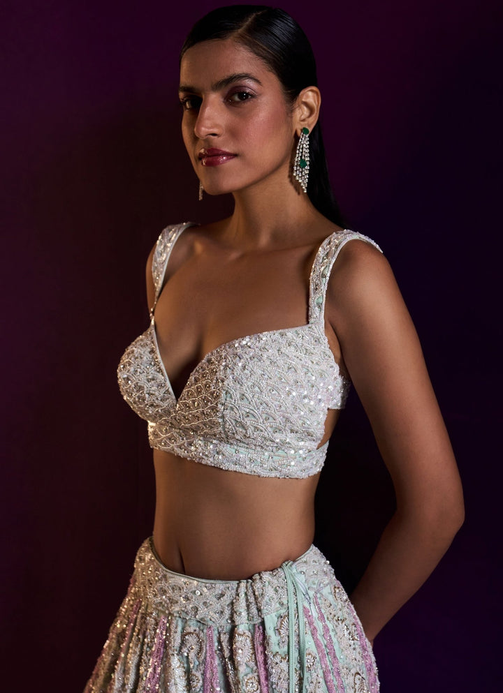 Ice Blue and Pink Sequins Embroidered Lehenga Set Angad Singh - Fabilicious Fashion