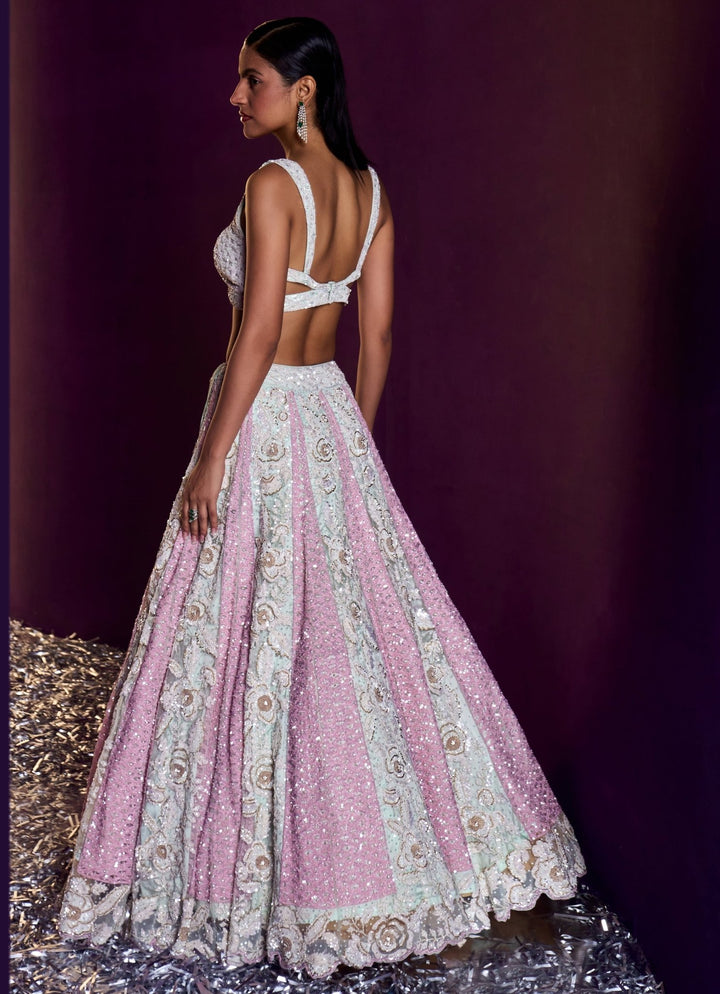 Ice Blue and Pink Sequins Embroidered Lehenga Set Angad Singh - Fabilicious Fashion