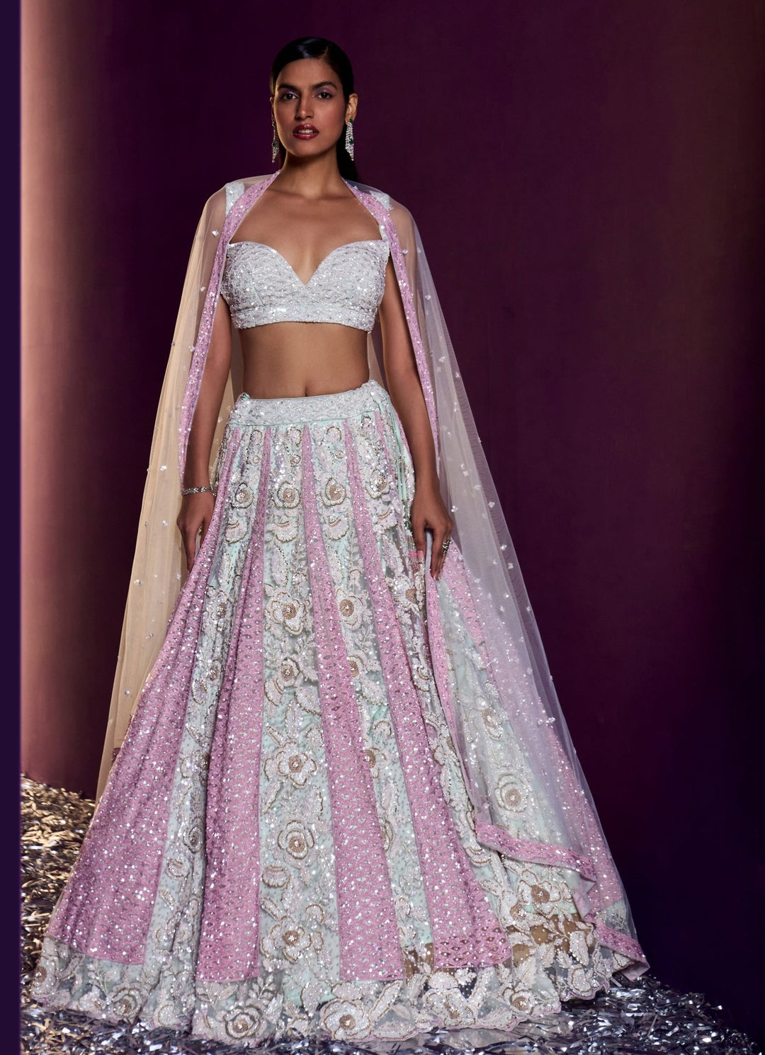Ice Blue and Pink Sequins Embroidered Lehenga Set Angad Singh - Fabilicious Fashion