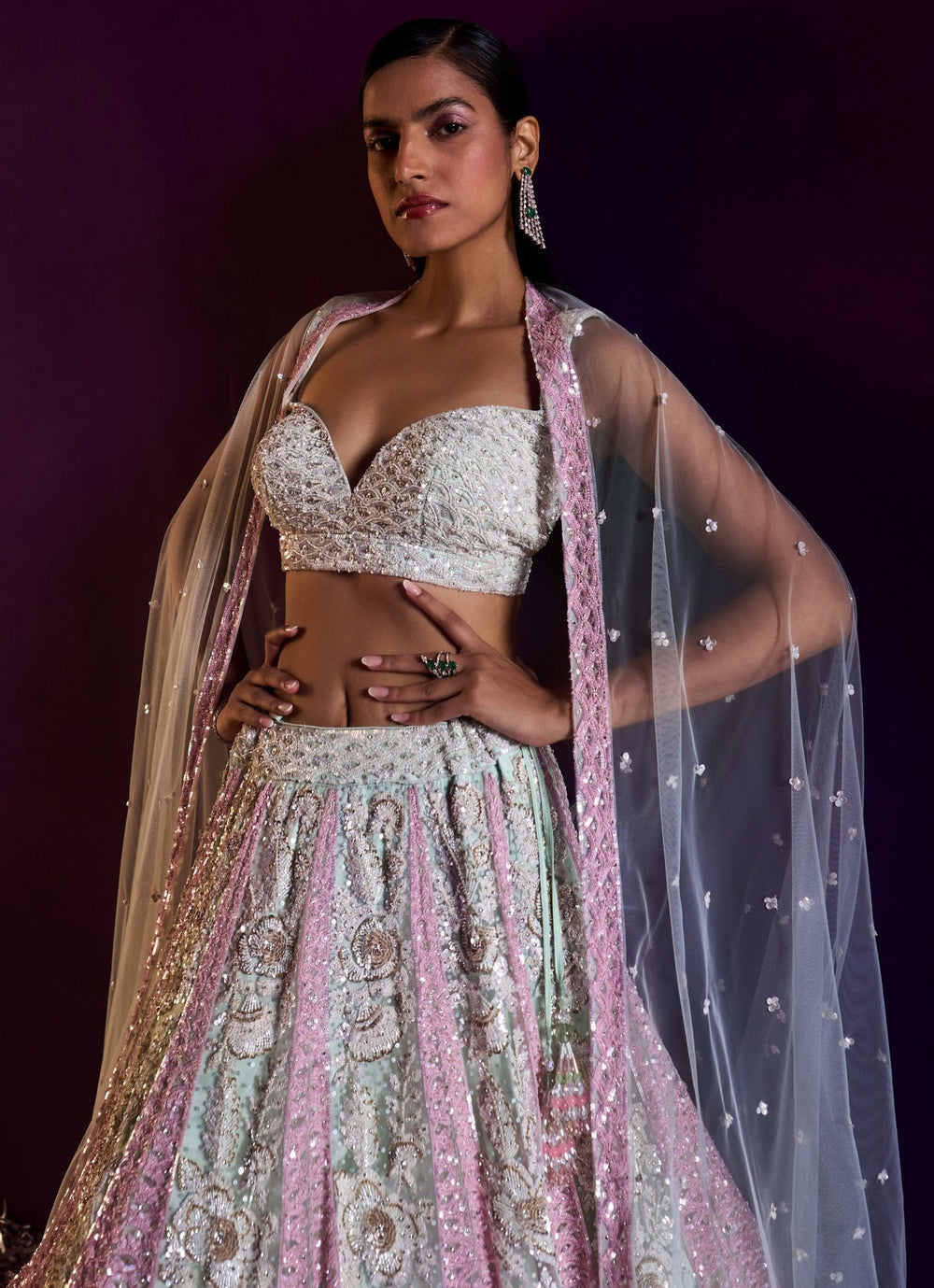 Ice Blue and Pink Sequins Embroidered Lehenga Set Angad Singh - Fabilicious Fashion