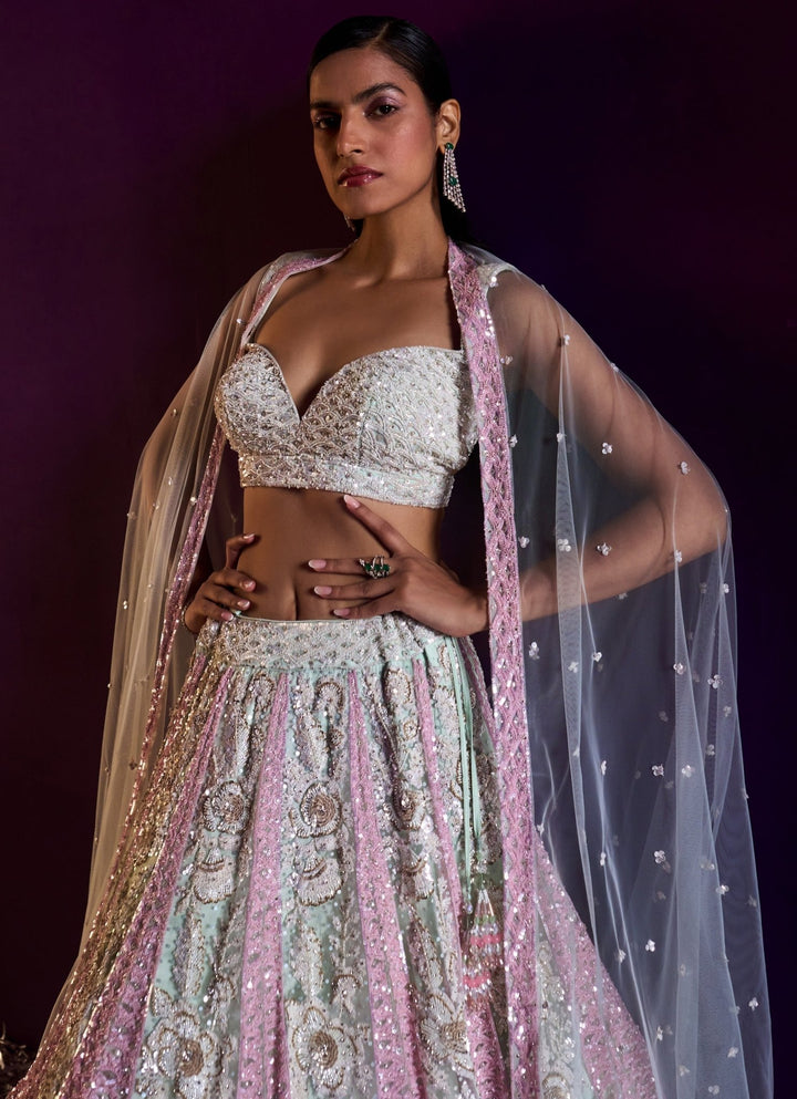 Ice Blue and Pink Sequins Embroidered Lehenga Set Angad Singh - Fabilicious Fashion
