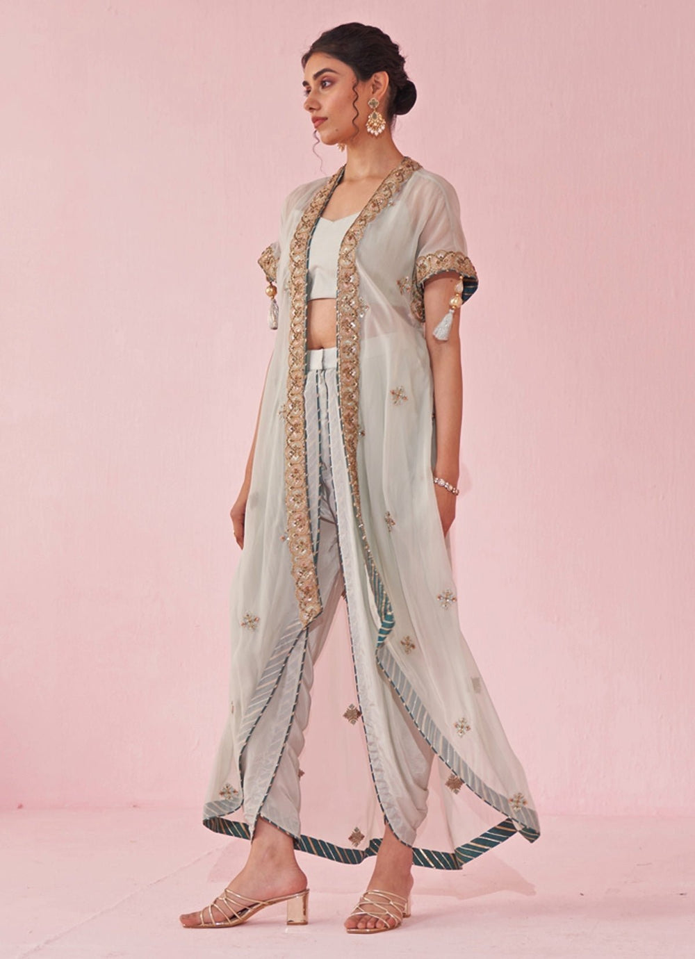 Ice Blue Blouse And Pants Set With Embroidered Cape Studio Bagechaa - Fabilicious Fashion
