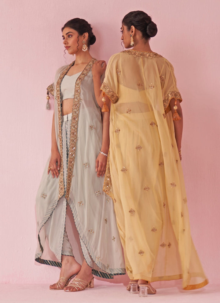 Ice Blue Blouse And Pants Set With Embroidered Cape Studio Bagechaa - Fabilicious Fashion