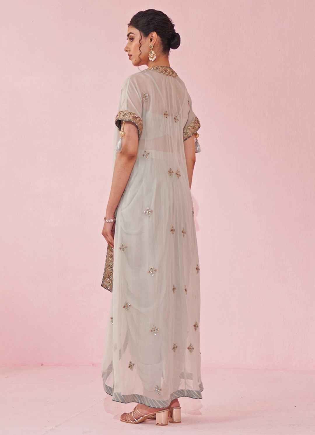 Ice Blue Blouse And Pants Set With Embroidered Cape Studio Bagechaa - Fabilicious Fashion
