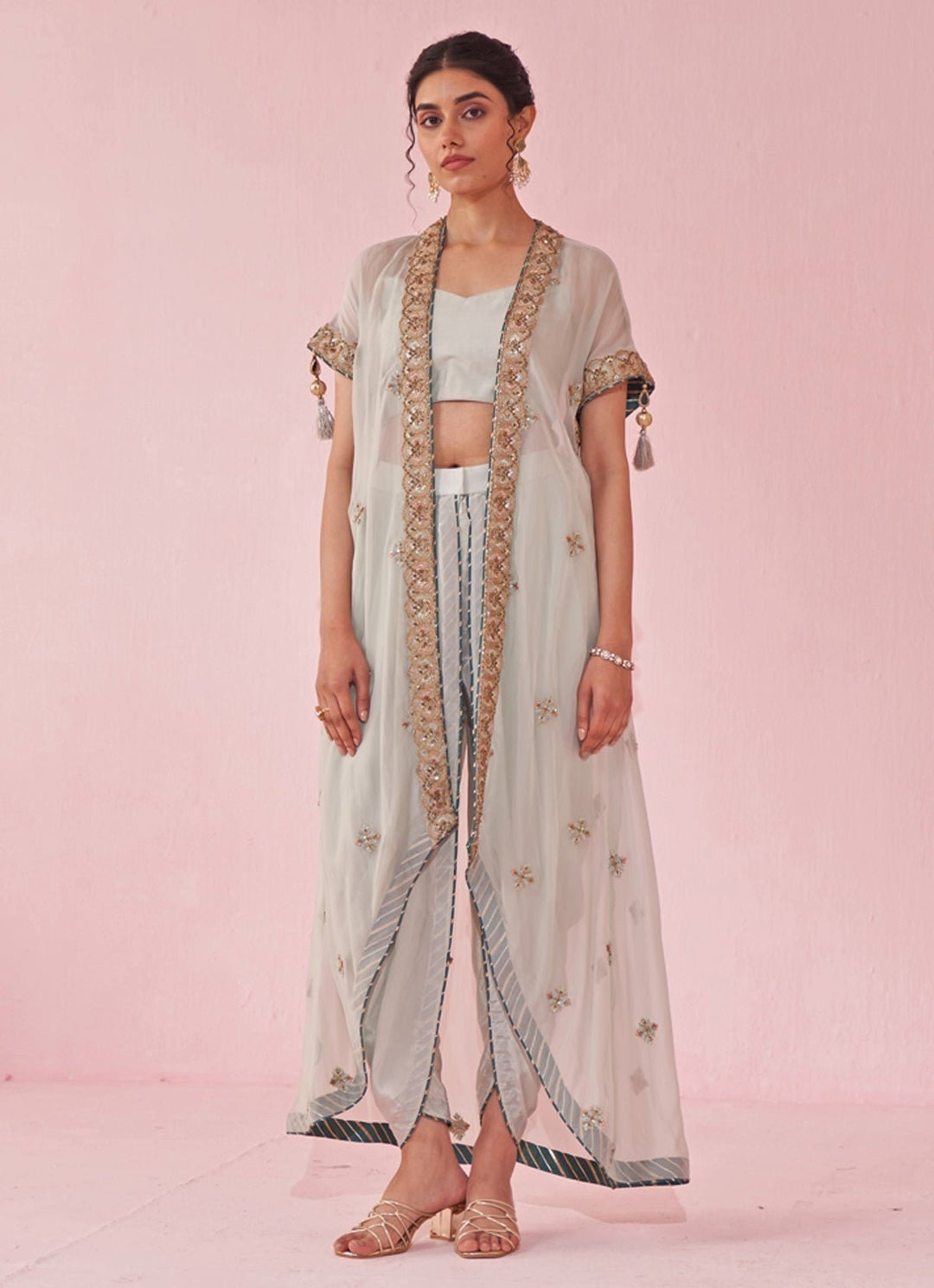 Ice Blue Blouse And Pants Set With Embroidered Cape Studio Bagechaa - Fabilicious Fashion