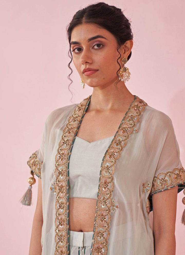 Ice Blue Blouse And Pants Set With Embroidered Cape Studio Bagechaa - Fabilicious Fashion
