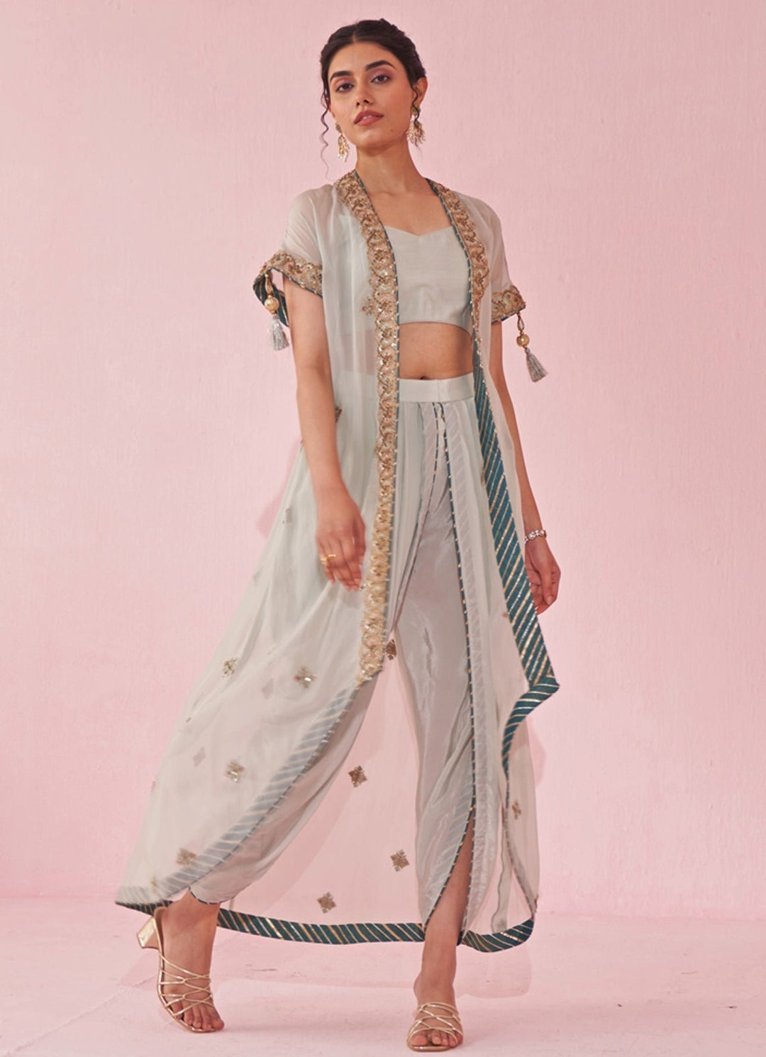 Ice Blue Blouse And Pants Set With Embroidered Cape Studio Bagechaa - Fabilicious Fashion