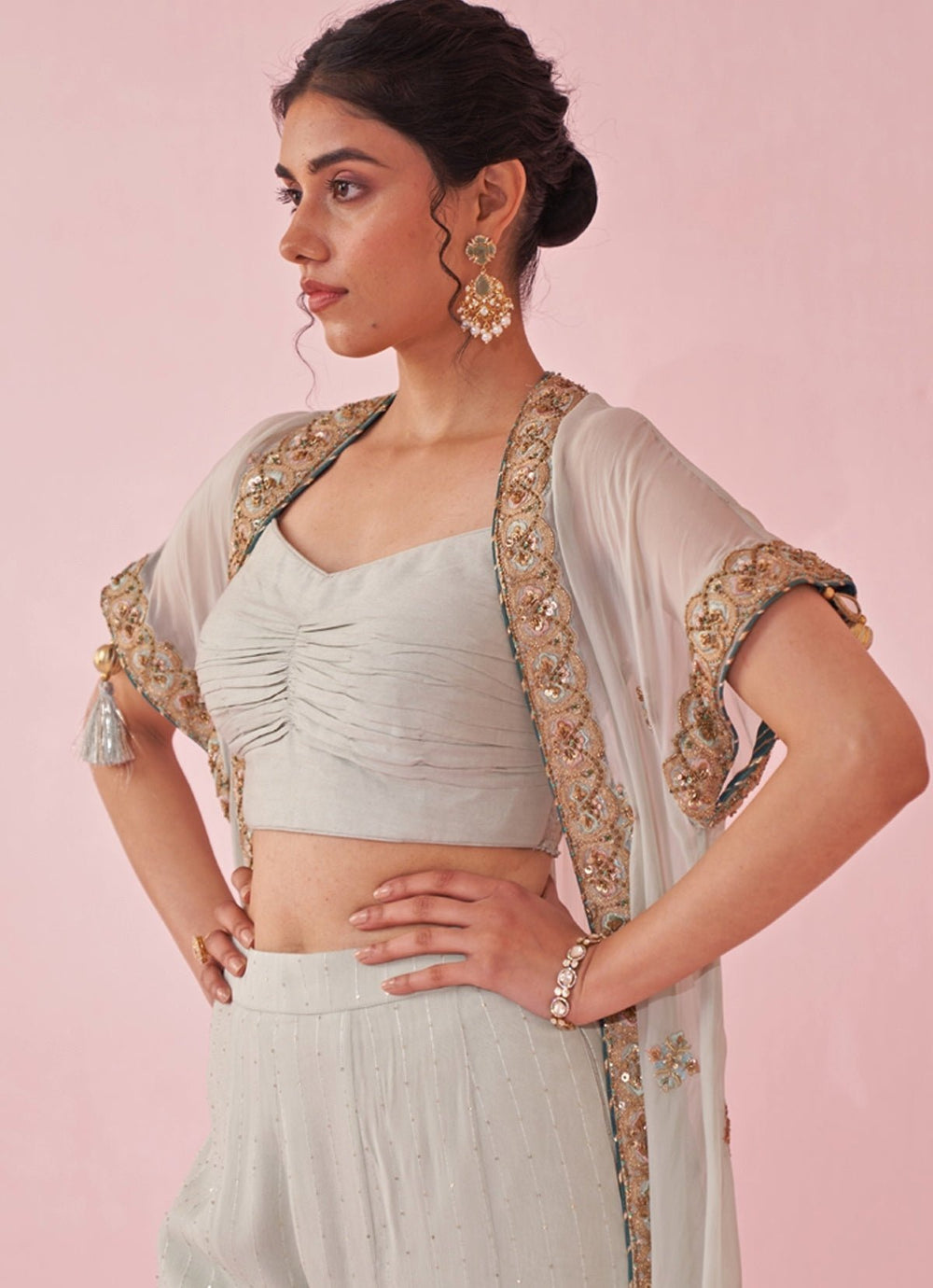 Ice Blue Blouse Sharara Set With Embroidered Cape Studio Bagechaa - Fabilicious Fashion
