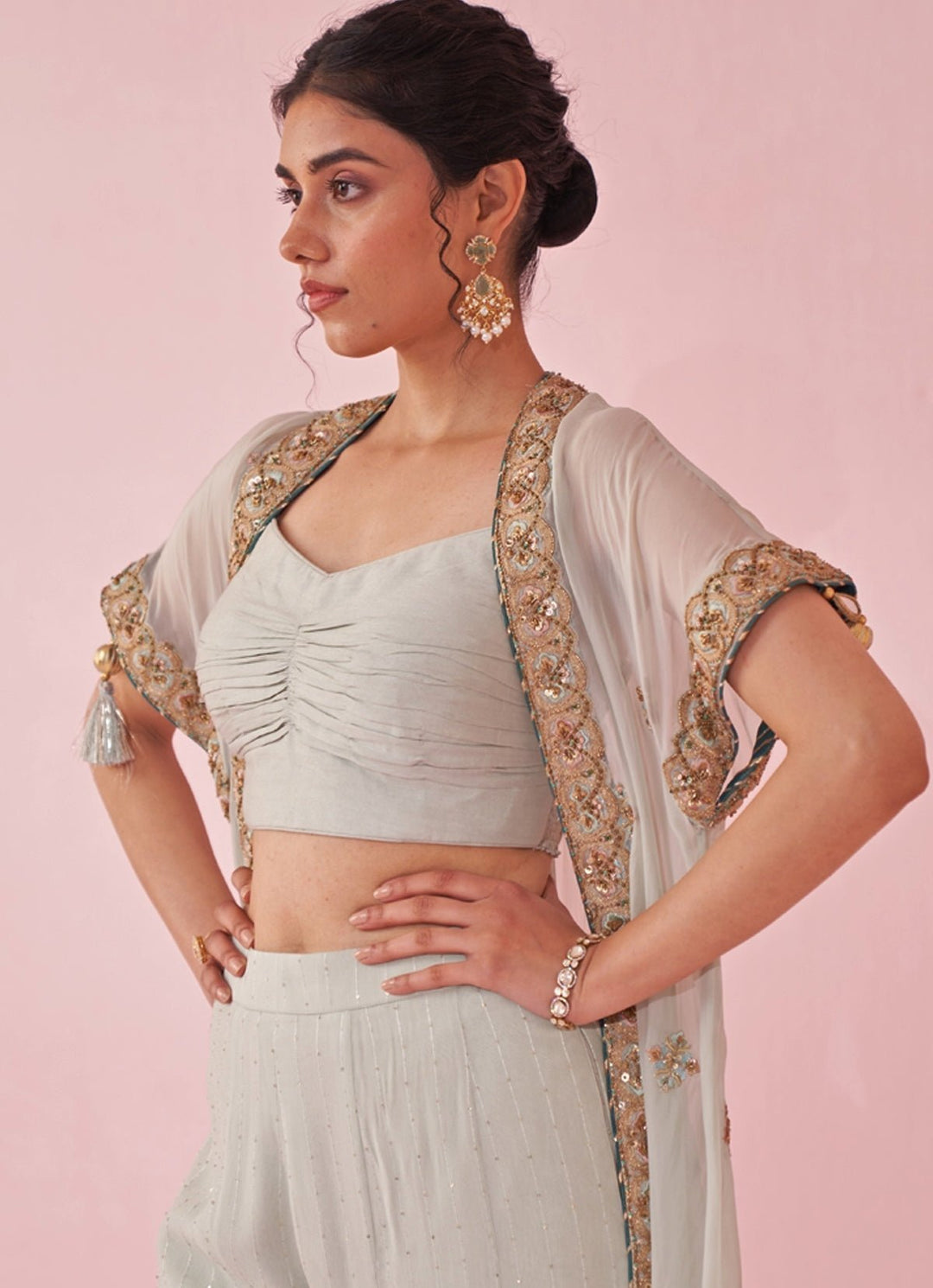 Ice Blue Blouse Sharara Set With Embroidered Cape Studio Bagechaa - Fabilicious Fashion