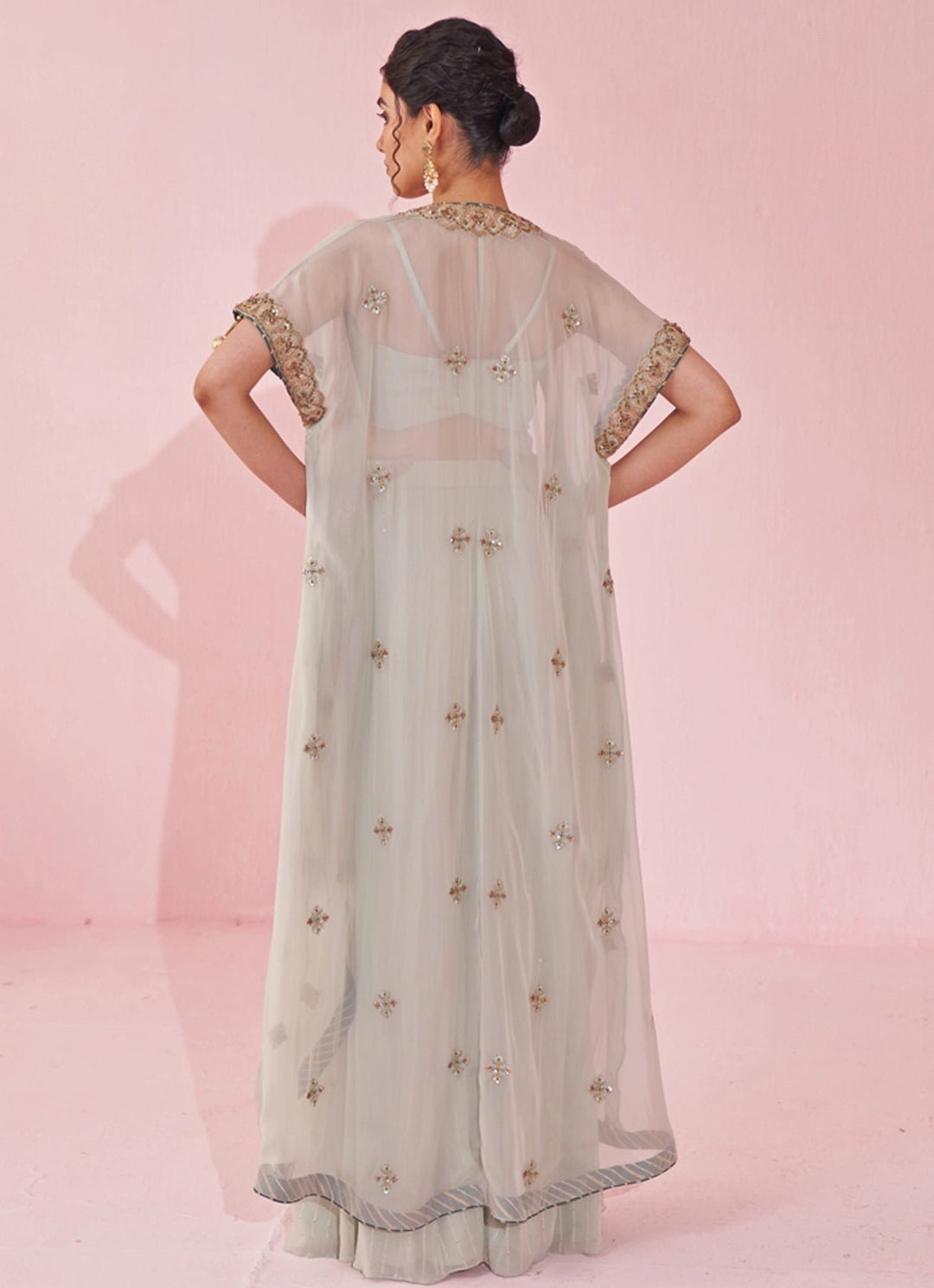 Ice Blue Blouse Sharara Set With Embroidered Cape Studio Bagechaa - Fabilicious Fashion