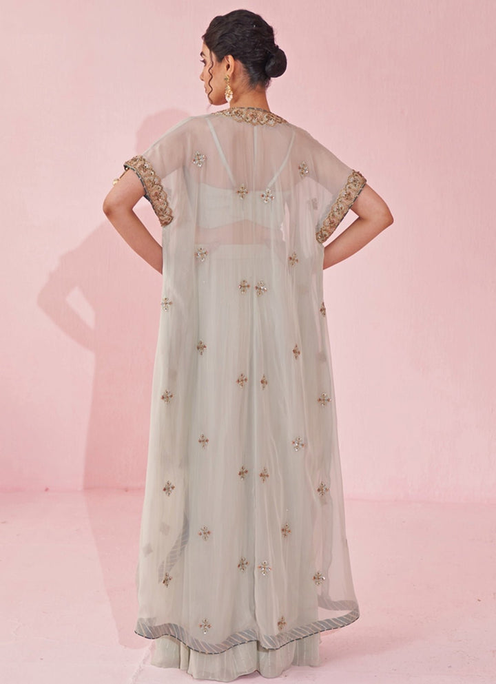 Ice Blue Blouse Sharara Set With Embroidered Cape Studio Bagechaa - Fabilicious Fashion
