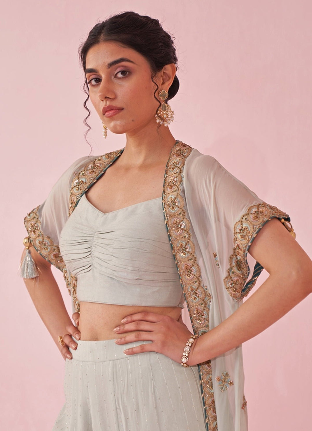 Ice Blue Blouse Sharara Set With Embroidered Cape Studio Bagechaa - Fabilicious Fashion
