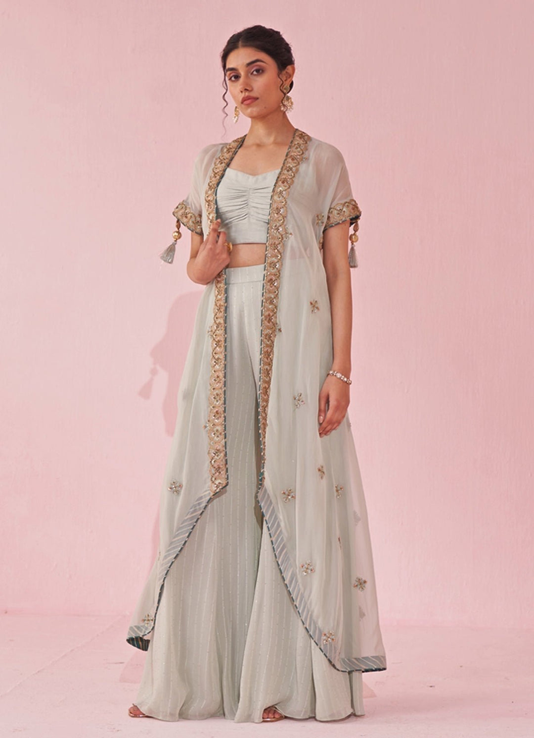 Ice Blue Blouse Sharara Set With Embroidered Cape Studio Bagechaa - Fabilicious Fashion