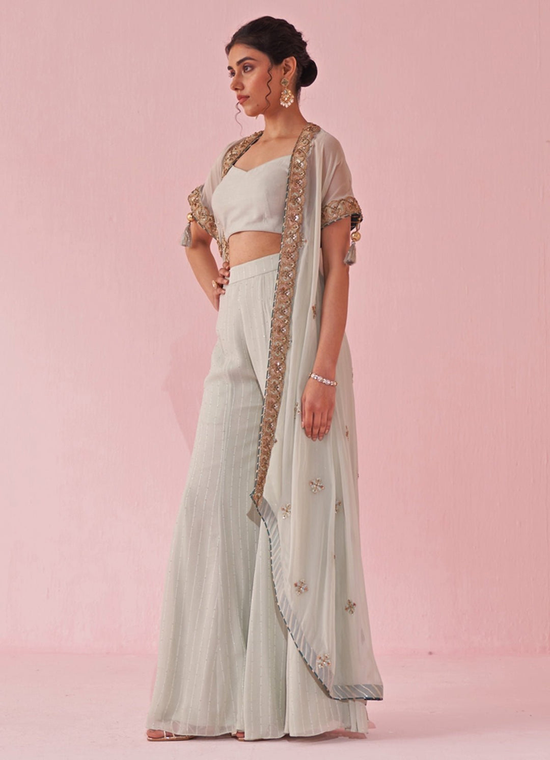 Ice Blue Blouse Sharara Set With Embroidered Cape Studio Bagechaa - Fabilicious Fashion