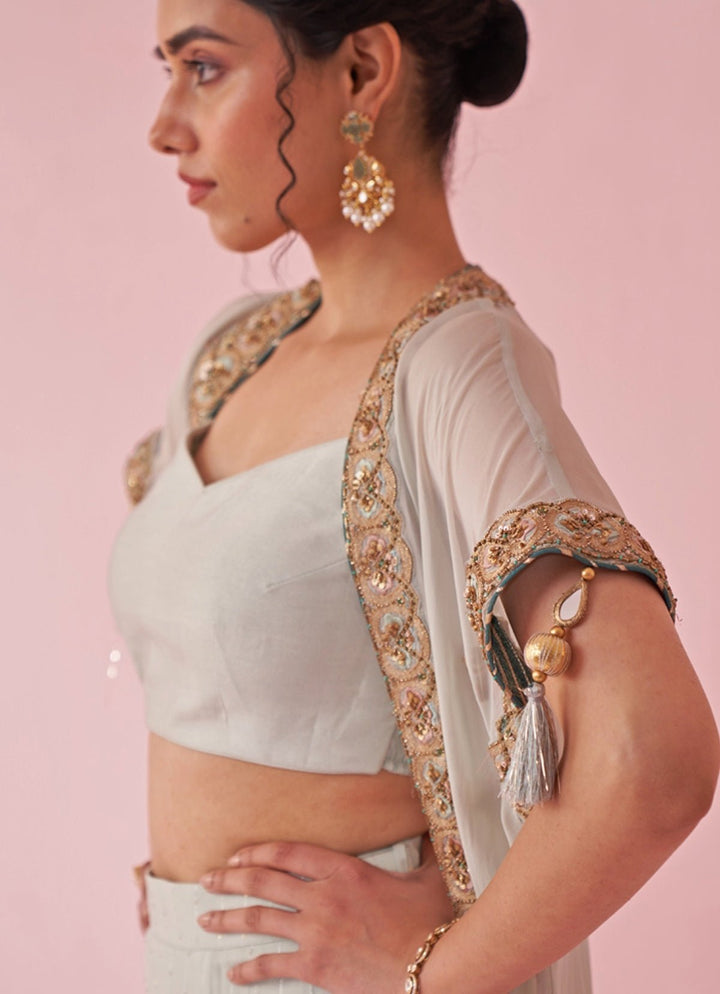 Ice Blue Blouse Sharara Set With Embroidered Cape Studio Bagechaa - Fabilicious Fashion