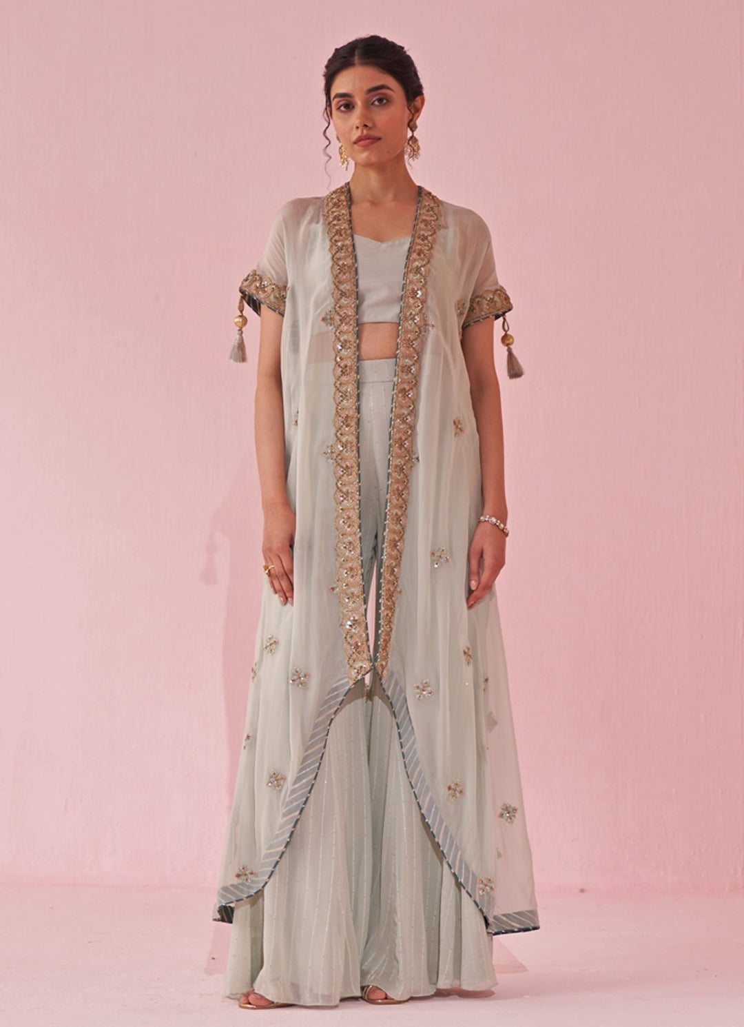 Ice Blue Blouse Sharara Set With Embroidered Cape Studio Bagechaa - Fabilicious Fashion