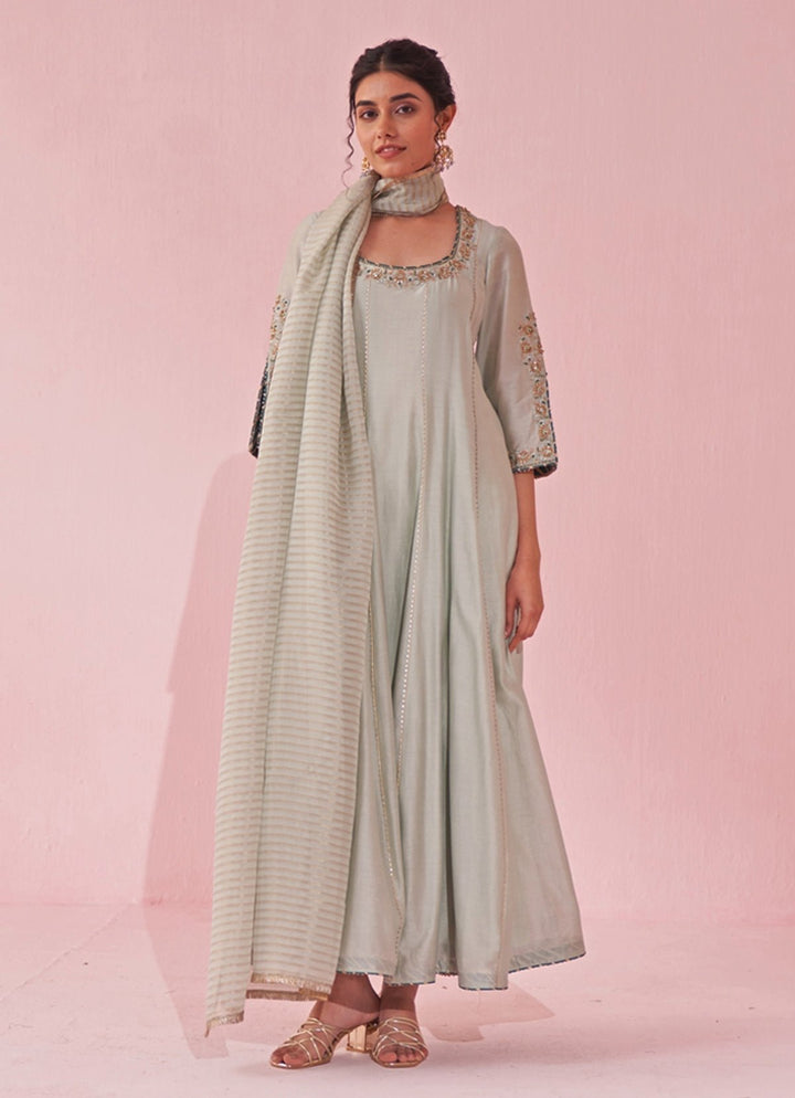 Ice Blue Chanderi Silk Embroidered Anarkali Pants Set Studio Bagechaa - Fabilicious Fashion