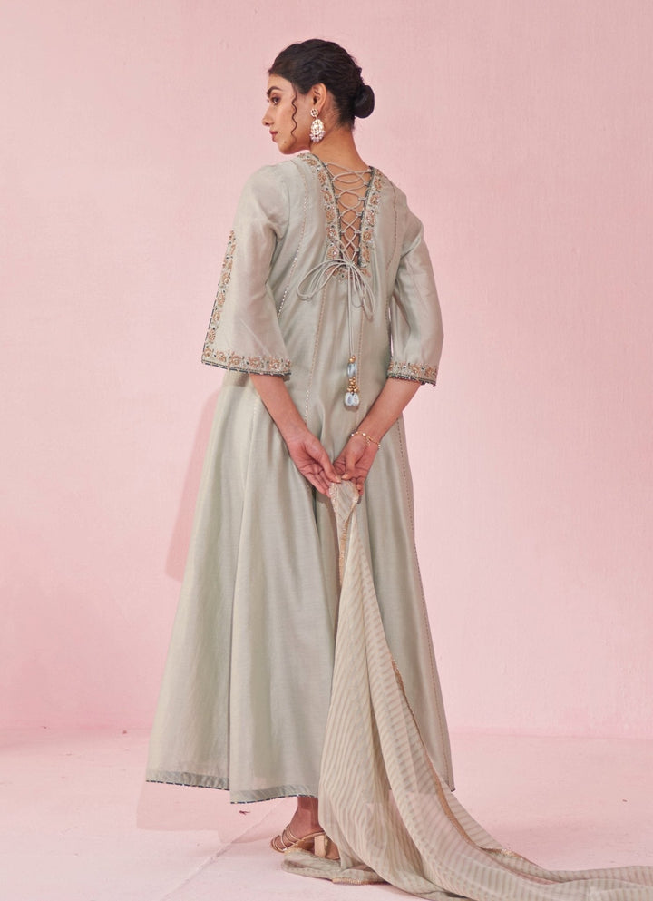 Ice Blue Chanderi Silk Embroidered Anarkali Pants Set Studio Bagechaa - Fabilicious Fashion