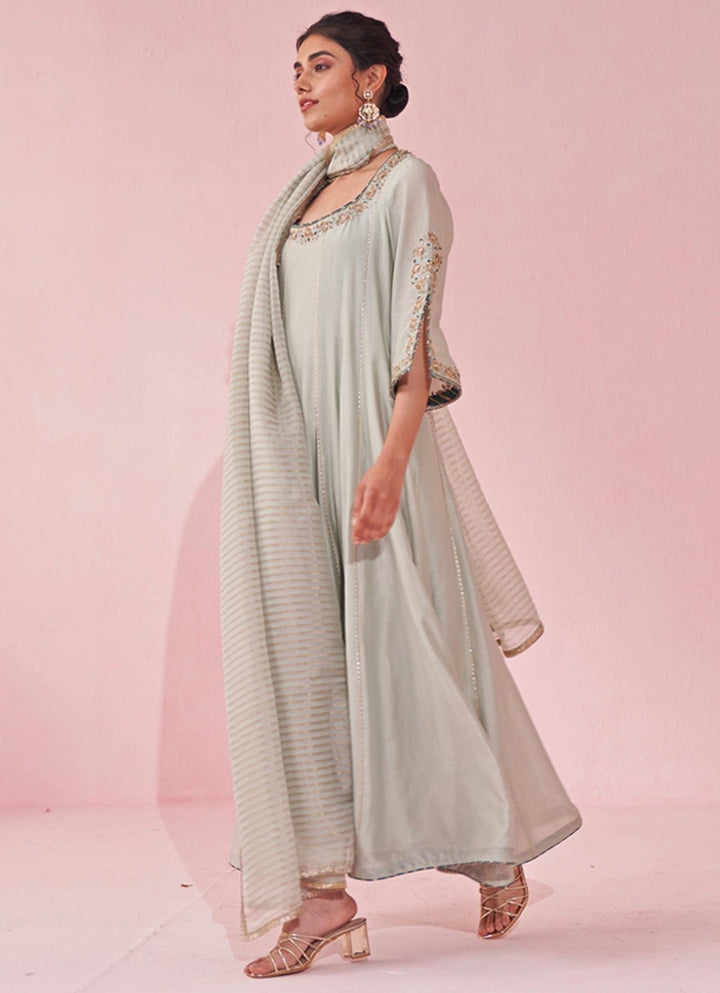 Ice Blue Chanderi Silk Embroidered Anarkali Pants Set Studio Bagechaa - Fabilicious Fashion