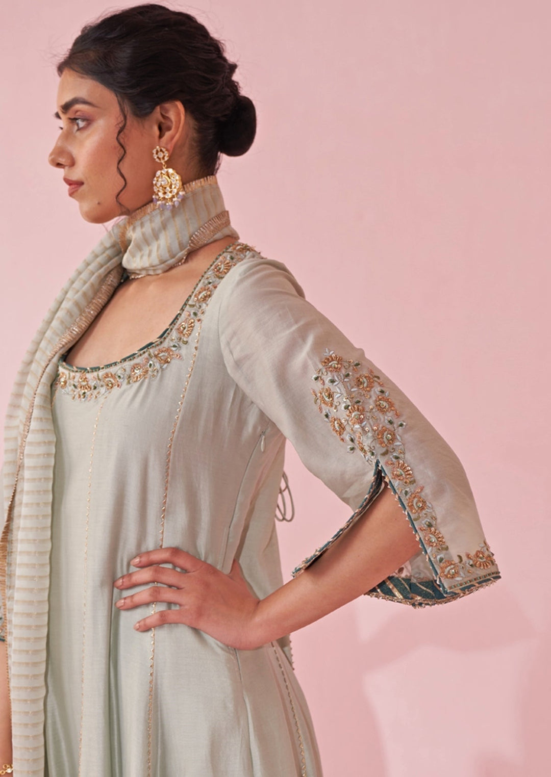 Ice Blue Chanderi Silk Embroidered Anarkali Pants Set Studio Bagechaa - Fabilicious Fashion