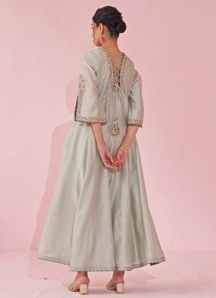 Ice Blue Chanderi Silk Embroidered Anarkali Pants Set Studio Bagechaa - Fabilicious Fashion