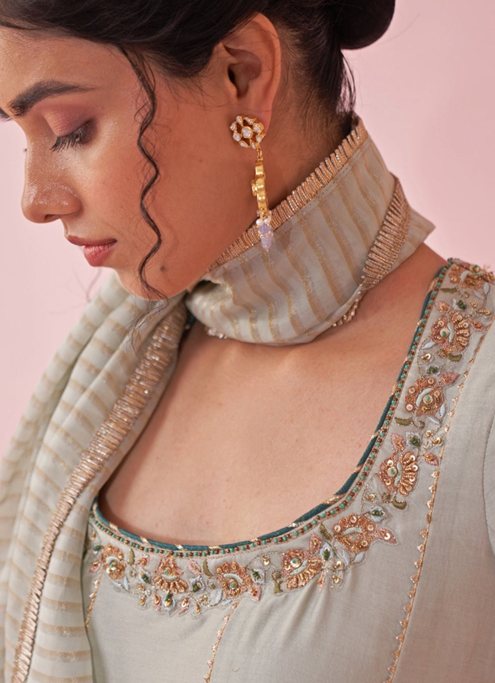 Ice Blue Chanderi Silk Embroidered Anarkali Pants Set Studio Bagechaa - Fabilicious Fashion