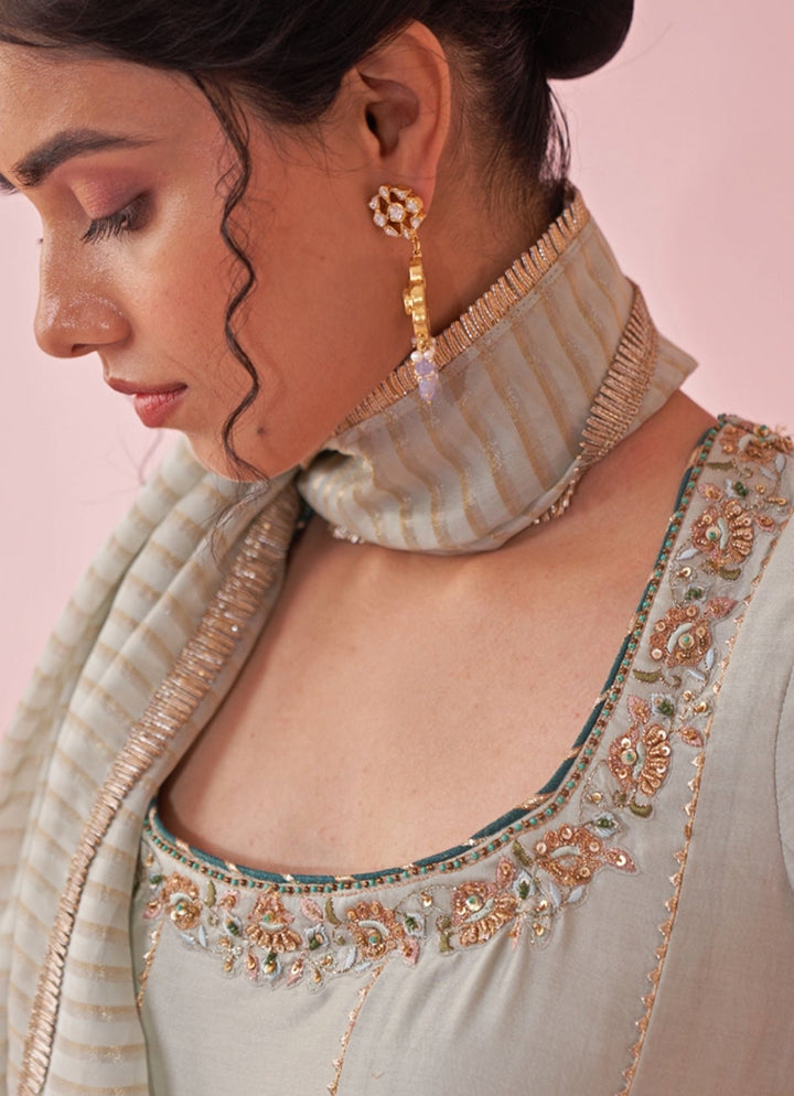 Ice Blue Chanderi Silk Embroidered Anarkali Pants Set Studio Bagechaa - Fabilicious Fashion