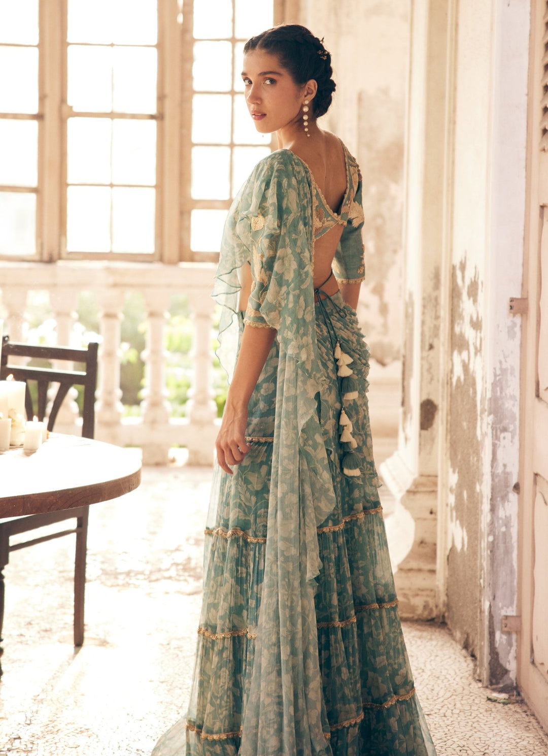 Ice Blue Chiffon Predraped Saree Paulmi and Harsh - Fabilicious Fashion
