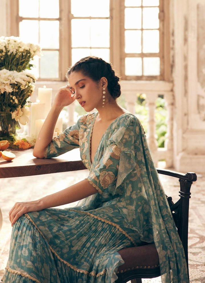 Ice Blue Chiffon Predraped Saree Paulmi and Harsh - Fabilicious Fashion