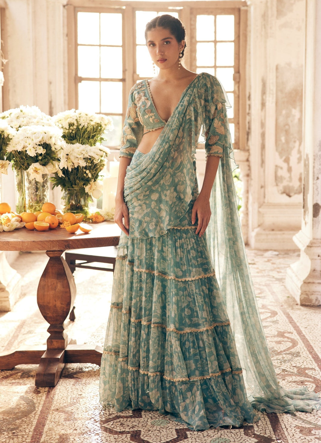 Ice Blue Chiffon Predraped Saree Paulmi and Harsh - Fabilicious Fashion