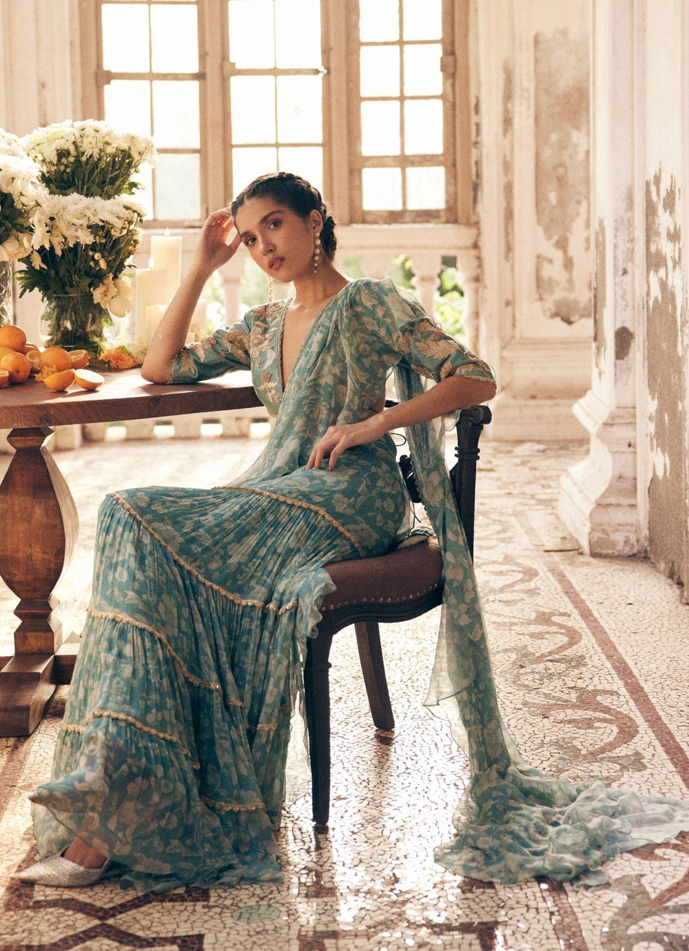 Ice Blue Chiffon Predraped Saree Paulmi and Harsh - Fabilicious Fashion