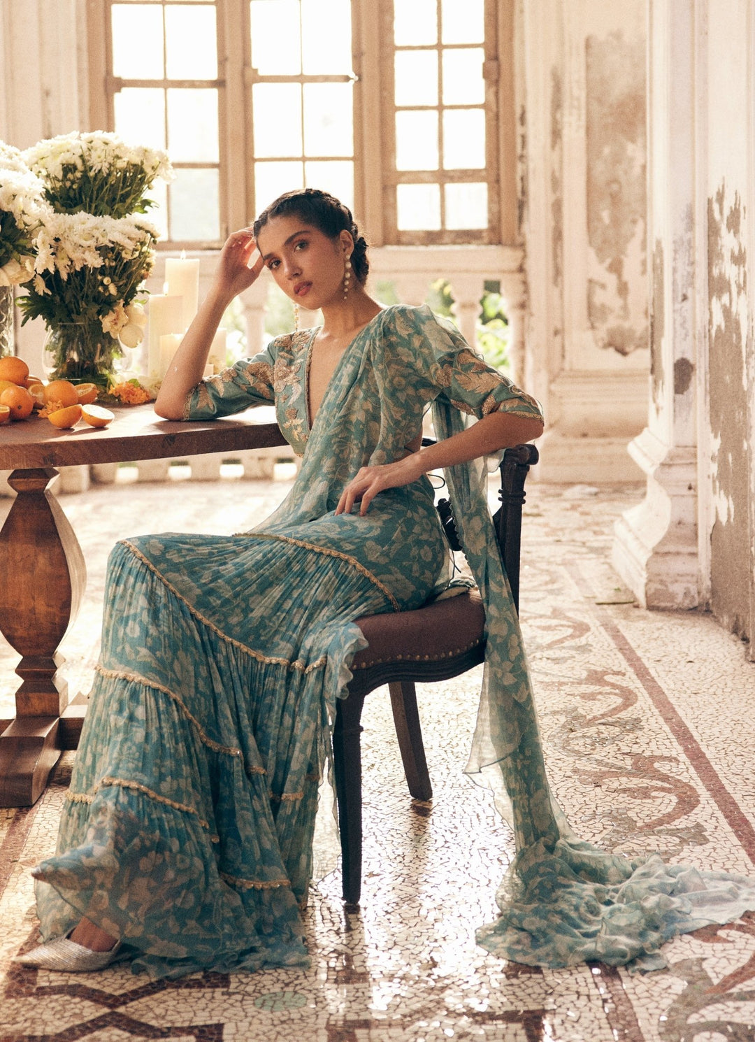 Ice Blue Chiffon Predraped Saree Paulmi and Harsh - Fabilicious Fashion