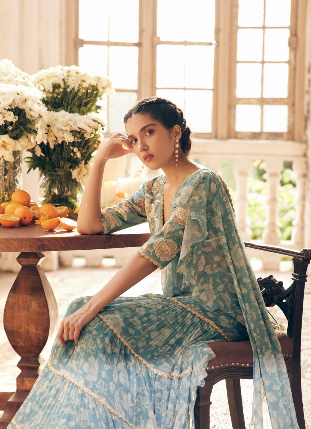 Ice Blue Chiffon Predraped Saree Paulmi and Harsh - Fabilicious Fashion