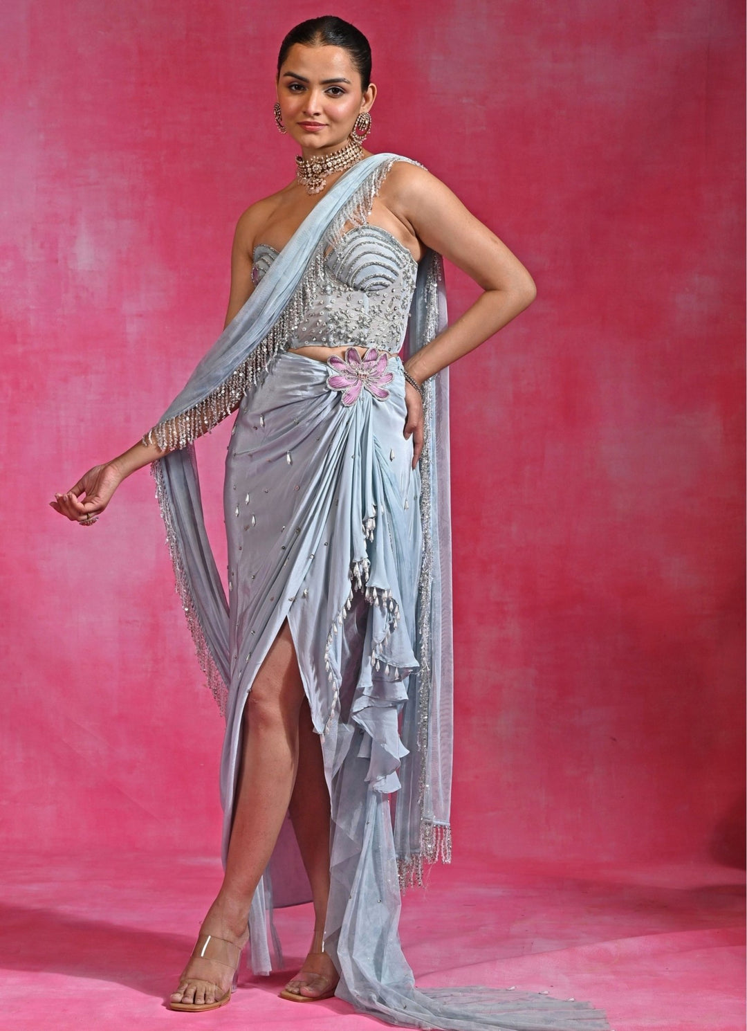 Rishi and Vibhuti Ice Blue Crepe Slit Saree Set With Corset BlouseFabilicious Fashion