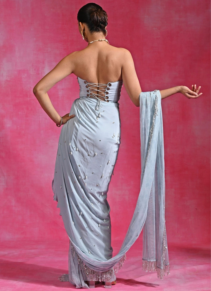 Rishi and Vibhuti Ice Blue Crepe Slit Saree Set With Corset BlouseFabilicious Fashion