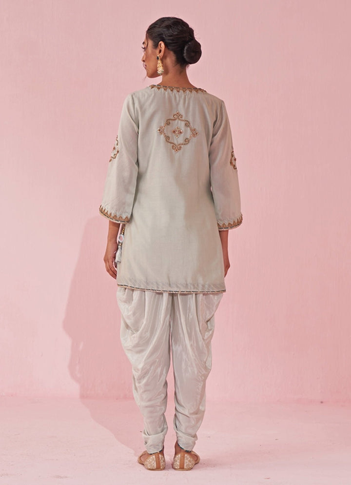Ice Blue Embroidered Chanderi Kurta Tulip Pants Set Studio Bagechaa - Fabilicious Fashion