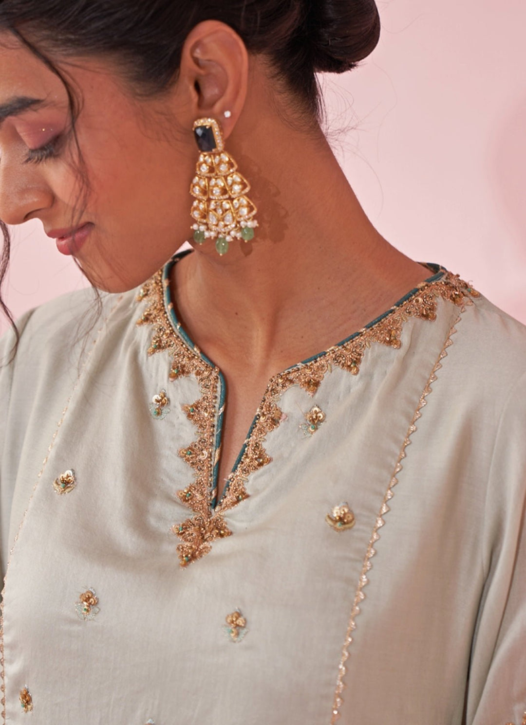 Ice Blue Embroidered Chanderi Kurta Tulip Pants Set Studio Bagechaa - Fabilicious Fashion