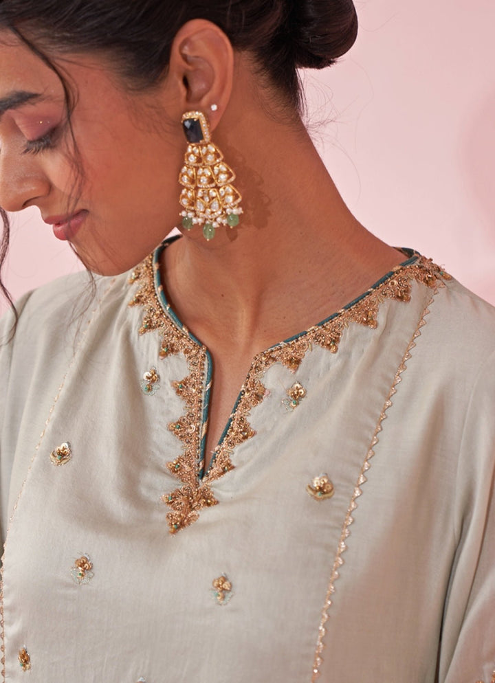 Ice Blue Embroidered Chanderi Kurta Tulip Pants Set Studio Bagechaa - Fabilicious Fashion