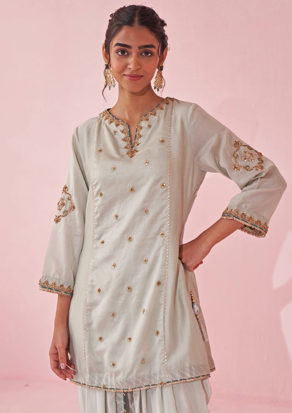 Ice Blue Embroidered Chanderi Kurta Tulip Pants Set Studio Bagechaa - Fabilicious Fashion