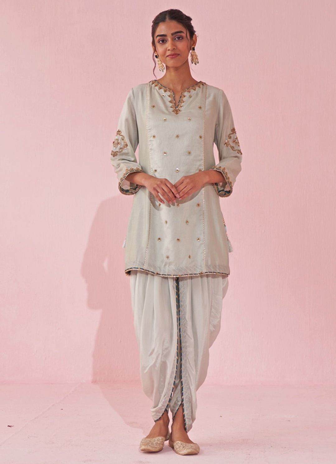Ice Blue Embroidered Chanderi Kurta Tulip Pants Set Studio Bagechaa - Fabilicious Fashion
