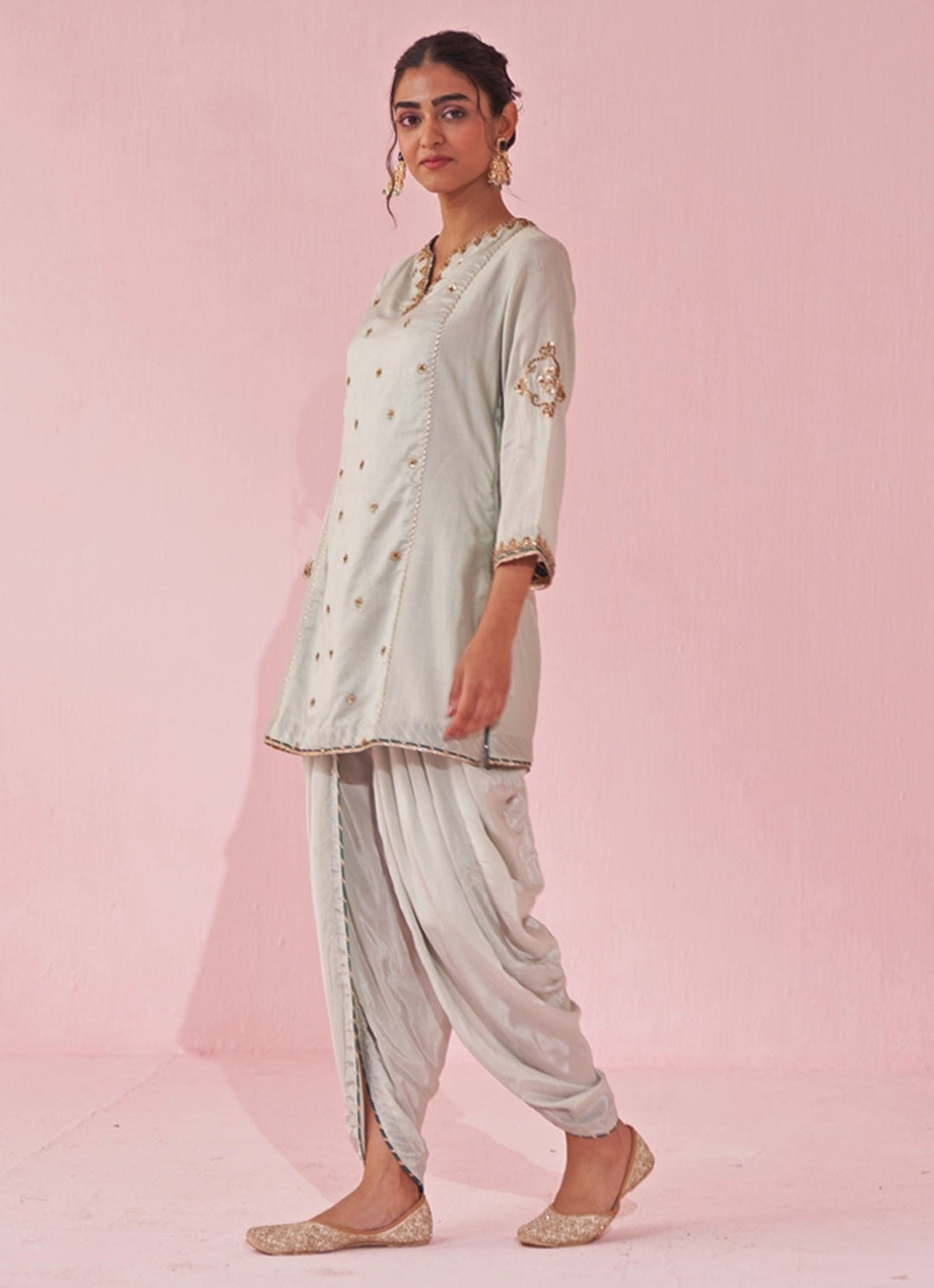 Ice Blue Embroidered Chanderi Kurta Tulip Pants Set Studio Bagechaa - Fabilicious Fashion