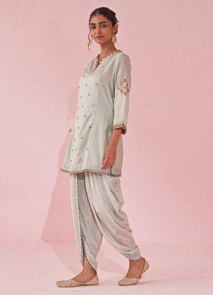 Ice Blue Embroidered Chanderi Kurta Tulip Pants Set Studio Bagechaa - Fabilicious Fashion