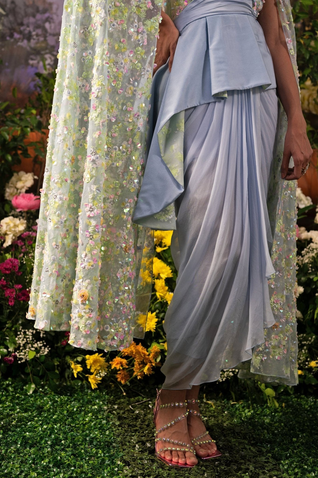 Ice Blue Embroidered Draped Dhoti Skirt With Peplum Top Moledro - Fabilicious Fashion
