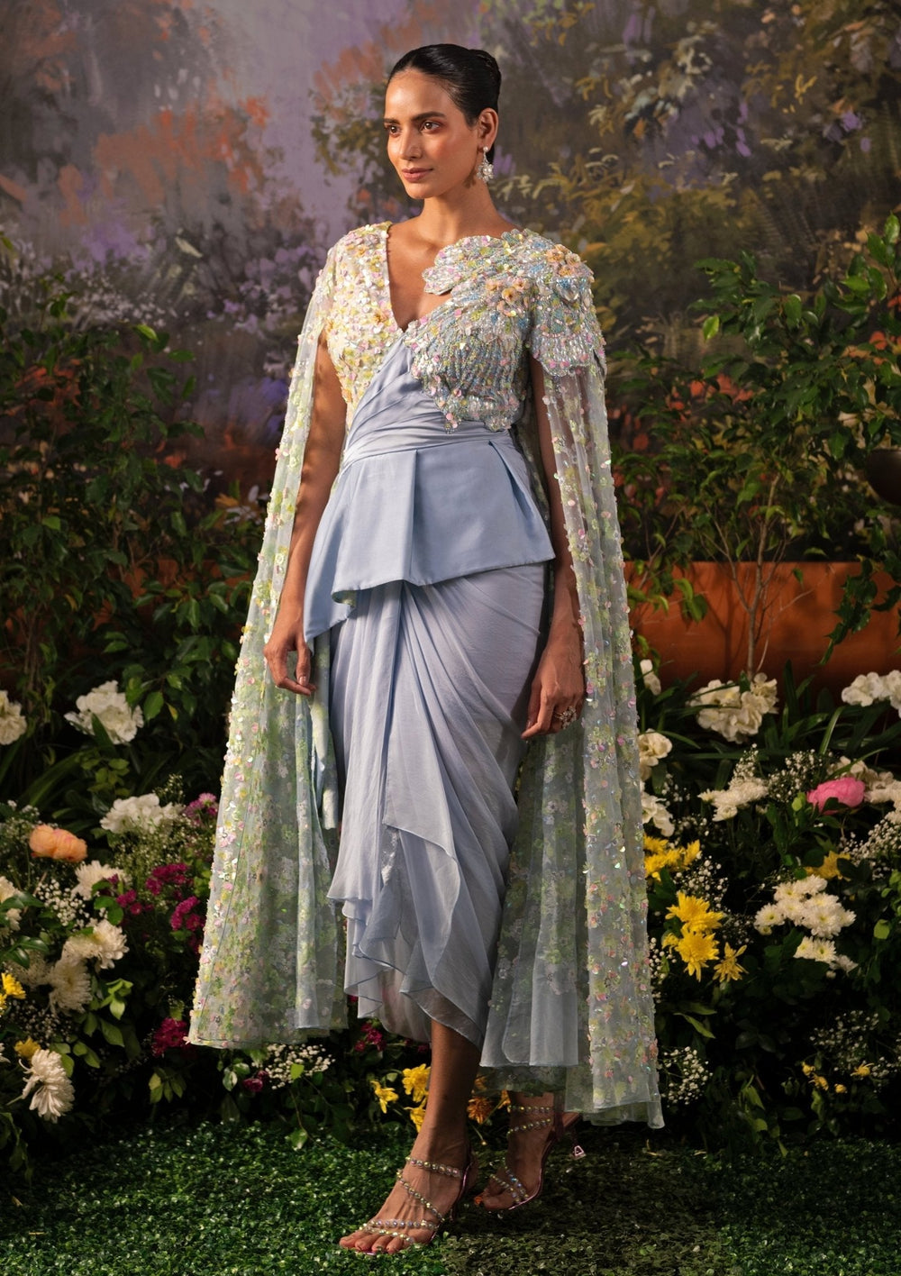 Ice Blue Embroidered Draped Dhoti Skirt With Peplum Top Moledro - Fabilicious Fashion