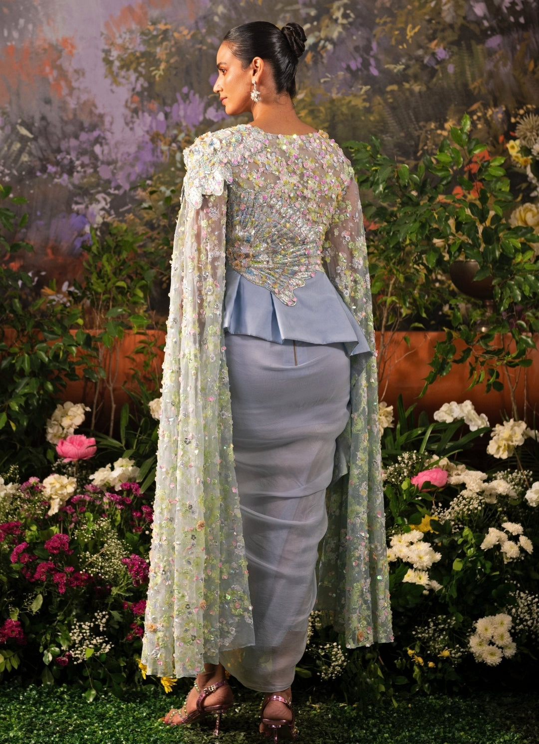 Ice Blue Embroidered Draped Dhoti Skirt With Peplum Top Moledro - Fabilicious Fashion