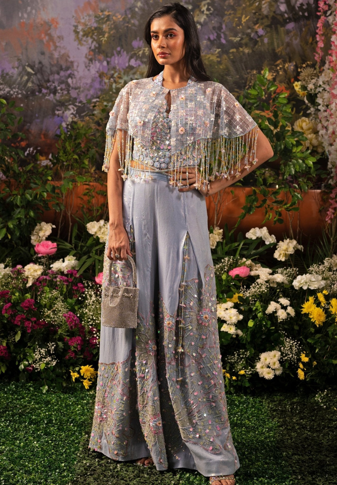 Ice Blue Embroidered Georgette Pant Set Moledro - Fabilicious Fashion