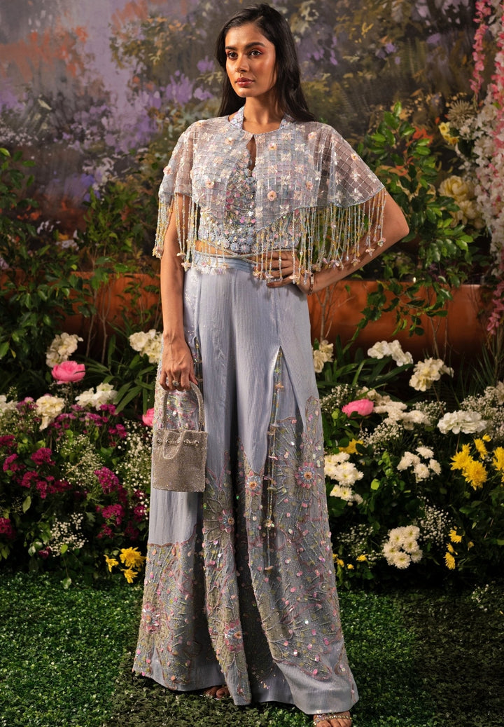 Ice Blue Embroidered Georgette Pant Set Moledro - Fabilicious Fashion